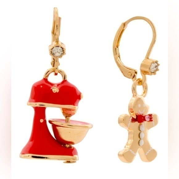 Betsey Johnson Jewelry - New Betsey Johnson Gold Tone Mixer & Gingerbread Cookie Mismatch Drop Earrings